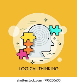 Human head with maze inside and colorful jigsaw puzzle pieces. Concept of logical thinking, intelligence, mental capacity, mind game. Colorful vector illustration in linear style for banner, poster.