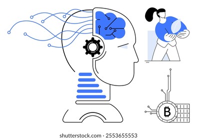 A human head with mechanical elements and a circuit-like brain, a person holding a leaf, and a Bitcoin symbol with circuits Ideal for discussions on artificial intelligence blockchain technology