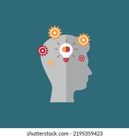 A human head with a mechanism and a light bulb inside. Brain. The process of thinking.