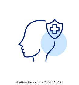 Human head and medical insurance shield. Psychotherapy included in health plan. Pixel perfect, editable stroke icon