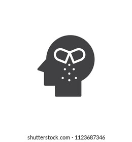 Human head with medicine pill vector icon. filled flat sign for mobile concept and web design. Human illness and diseases simple solid icon. Symbol, logo illustration. Pixel perfect vector graphics