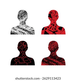 Human head with mental illness abstract vector illustration. Human with depression icon set on a white background. Mental disorder abstract head drawing. Dark person with mental illness symbol