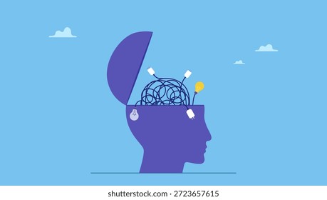 Human head with messy chaos cable line of electric plug and lightbulb ideas. Overthinking, anxiety caused by thinking too much, lost in chaos decision, messed up process or confusion thought.