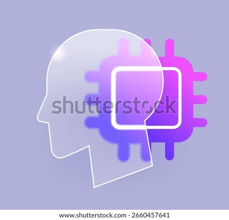 Human head with microchip glass morphism icon. Ai technology vector symbol