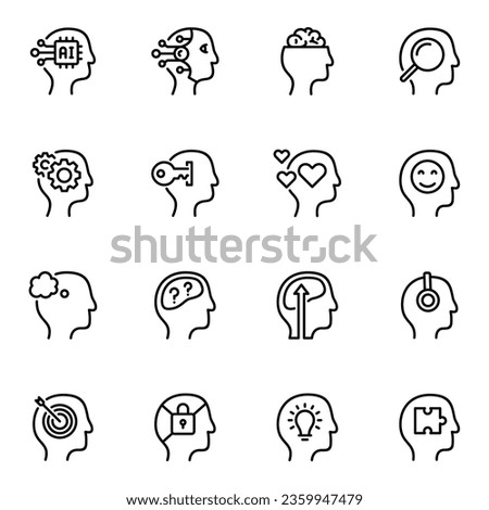 Human head and mind line icons set. psychology, confusion, mental, mind, searching, think, brainstorm, puzzle, contemplation, imagination, intelligence, planning