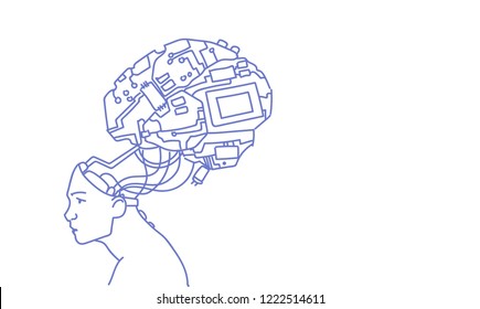 human head with modern cyborg brain artificial intelligence technology concept sketch doodle horizontal vector illustration
