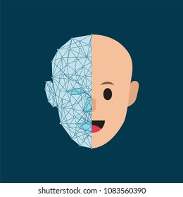Human head and modern stylized cybernetic human. Science, technology, future artificial intelligence concept. Face Scanning. Geometric Face Design. Vector Illustration, logo design