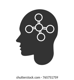 Human head with molecule glyph icon. Chemist, biologist. Chemical engineering. Silhouette symbol. Neurochemistry. Negative space. Vector isolated illustration