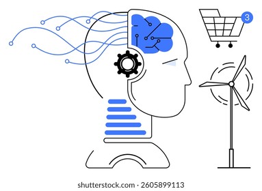 Human head with neural network and gear inside, connected lines representing data flow, shopping cart notification, wind turbine. Ideal for technology, artificial intelligence, innovation