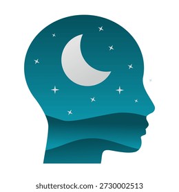 Cabeça humana com céu noturno, lua e estrelas. Insônia e mente onírica. Imaginação e conceito de pensamentos interiores. Símbolo de mente insônia, criatividade, fantasia e estado emocional. Ilustração vetorial.