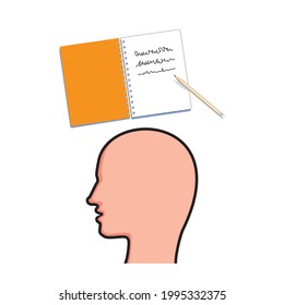 Menschlicher Kopf, Notizblock und Bleistift-Symbol. Prozess des Lernens, des Schreibens oder des Bildungskonzepts. Vektorgrafik
