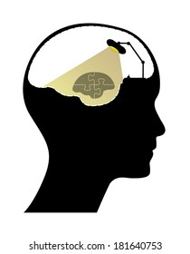 Human head with office lamp and brain, business concept vector illustration.