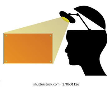 Human head with office lamp and sign, abstract vector design.