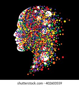 Human head on black background. Abstract vector illustration with colorful circles