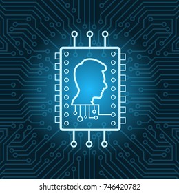 Human Head On Chip Icon Over Blue Circuit Motherboard Background Vector Illustration