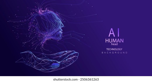 Human head on wireframe hand artificial intelligence technology background made of neon lines style. Intelligence face vector design. Ai futuristic bot innovation robot.