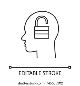 Human head with open lock inside linear icon. Password. Thin line illustration. Artificial intelligence. Contour symbol. Vector isolated outline drawing. Editable stroke
