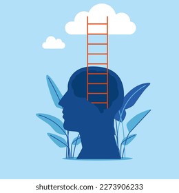 The human head opened and the stairs leading to the clouds. Modern vector illustration in flat style