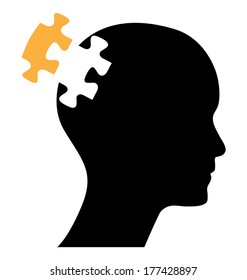 Human head with orange puzzle piece, abstract vector design.