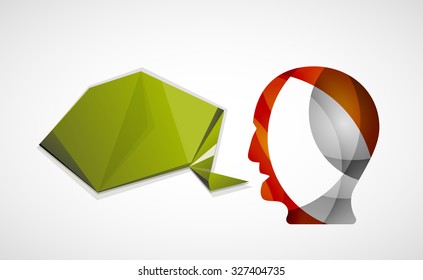 Human head with origami blank speech bubble. Modern abstract communication concept