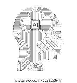 Esquema de la cabeza humana con placa de circuito y chips AI aislados sobre un fondo blanco. Inteligencia artificial y tecnología de aprendizaje automático. Ilustración vectorial.