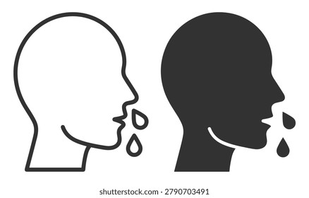 Human head outline icon with saliva or drooling drops vector illustration on transparent background