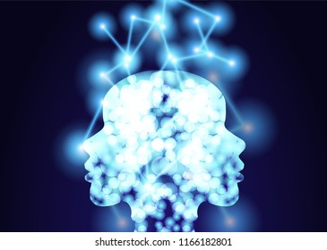 Human head outline with molecules design. Atoms. Medical or Science background .Molecular structure with blue spherical particles. Vector
