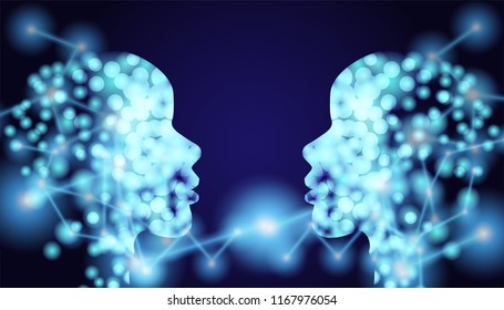 Human head outline with molecules design. Atoms. Medical or Science background .Molecular structure with blue spherical particles. Vector