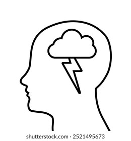 Ilustração do vetor de ícone de depressão. Contorno de uma cabeça com uma nuvem e um raio. Símbolo da doença deprimida. Debate. Raiva e ansiedade, pessimismo, estresse, frustração, Triste infeliz.