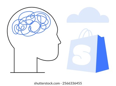 Human head outline with tangled lines inside represents mental complexity. Shopping bag signifies consumerism. Cloud symbolizes thought or innovation. Ideal for mental health, consumer behavior