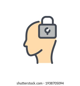 Cabeza humana con icono de línea de color de candado. Signo colorido del contorno del vector de protección personal.