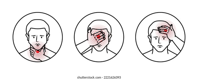 La cabeza humana duele el conjunto de esbozos. Dolores en la cabeza, garganta y cuello. Ache en el cuerpo humano. Ilustración del vector