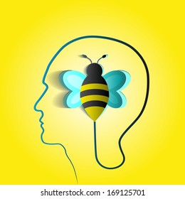 Human head with paper bee - symbol of endurance and courage - design concepts