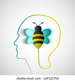 Human head with paper bee - symbol of endurance and courage - design concepts