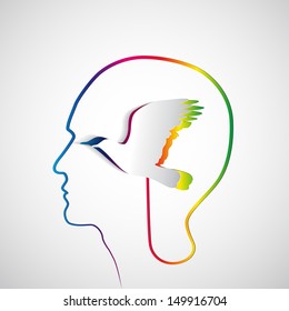 Human head with paper rainbow bird - symbol Freedom and creativity