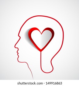 Human head with paper red heart - symbol Love and relationship -