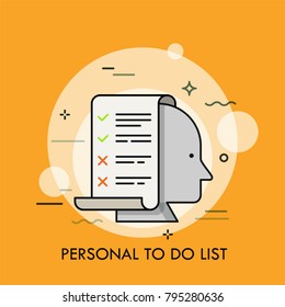 Human head and paper sheet with check and cross signs on it. Concept of personal planning and scheduling, to do list managing. Vector illustration in thin line style for banner, poster, website.