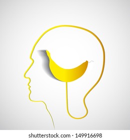 Human head with paper yellow banana - symbol Freedom and creativity