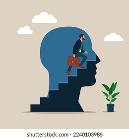 Human head with person running up the stairs. Fear and inability to deal with a life or personal situation. Escape from the problem.Escape from the problem. Modern flat vector illustration.