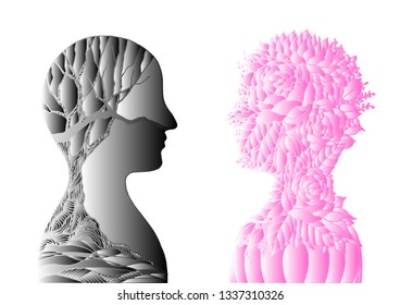 Human head pink flower and black dry tree, spring autumn vector abstract art illustration design hand drawn