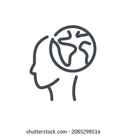 Human head with planet Earth line icon. International language and Earth population vector outline sign.