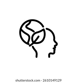 human head with planet and leaf, representing ecological awareness, green thinking, and environmental consciousness. Perfect for use in designs related to sustainability, ecology, and eco friendly 