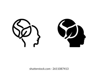 human head with the planet and a leaf, representing ecological awareness, green thinking, and environmental consciousness. Perfect for designs related to sustainability, ecology, and eco friendly