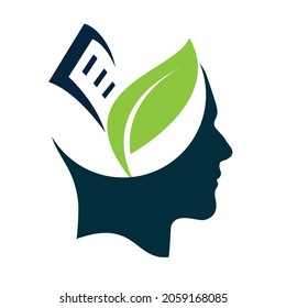 Menschlicher Kopf mit Logo-Konzept für Pflanzen und Bücher. Organische Erziehung Gehirn-Design.
