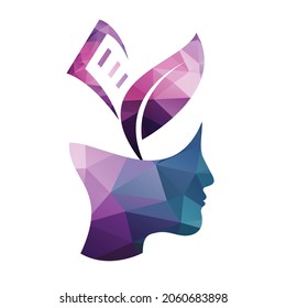 Human head with plant and book logo concept. Organic education brain template design.