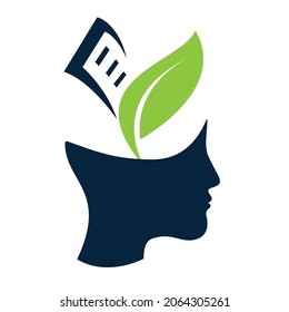 Human head with plant and book logo concept. Organic education brain template design.