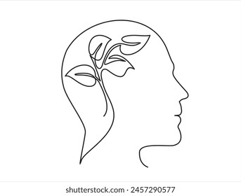 Human head with plant. Concept of good mental health. Continuous one line drawing. Destress management in psychology. Vector illustration