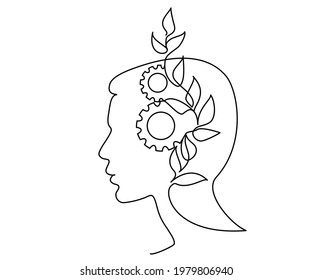 Human head with plant and gears. Concept of good mental health. Continuous one line drawing. Destress management in psychology. Vector illustration