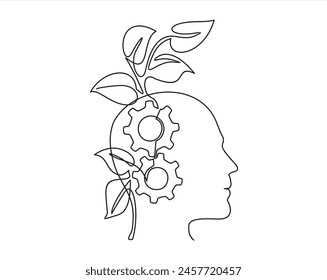 Human head with plant and gears. Concept of good mental health. Continuous one line drawing. Destress management in psychology. Vector illustration