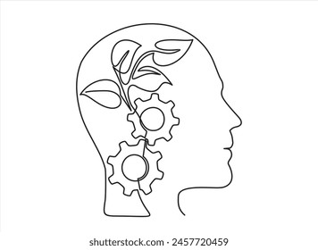 Human head with plant and gears. Concept of good mental health. Continuous one line drawing. Destress management in psychology. Vector illustration